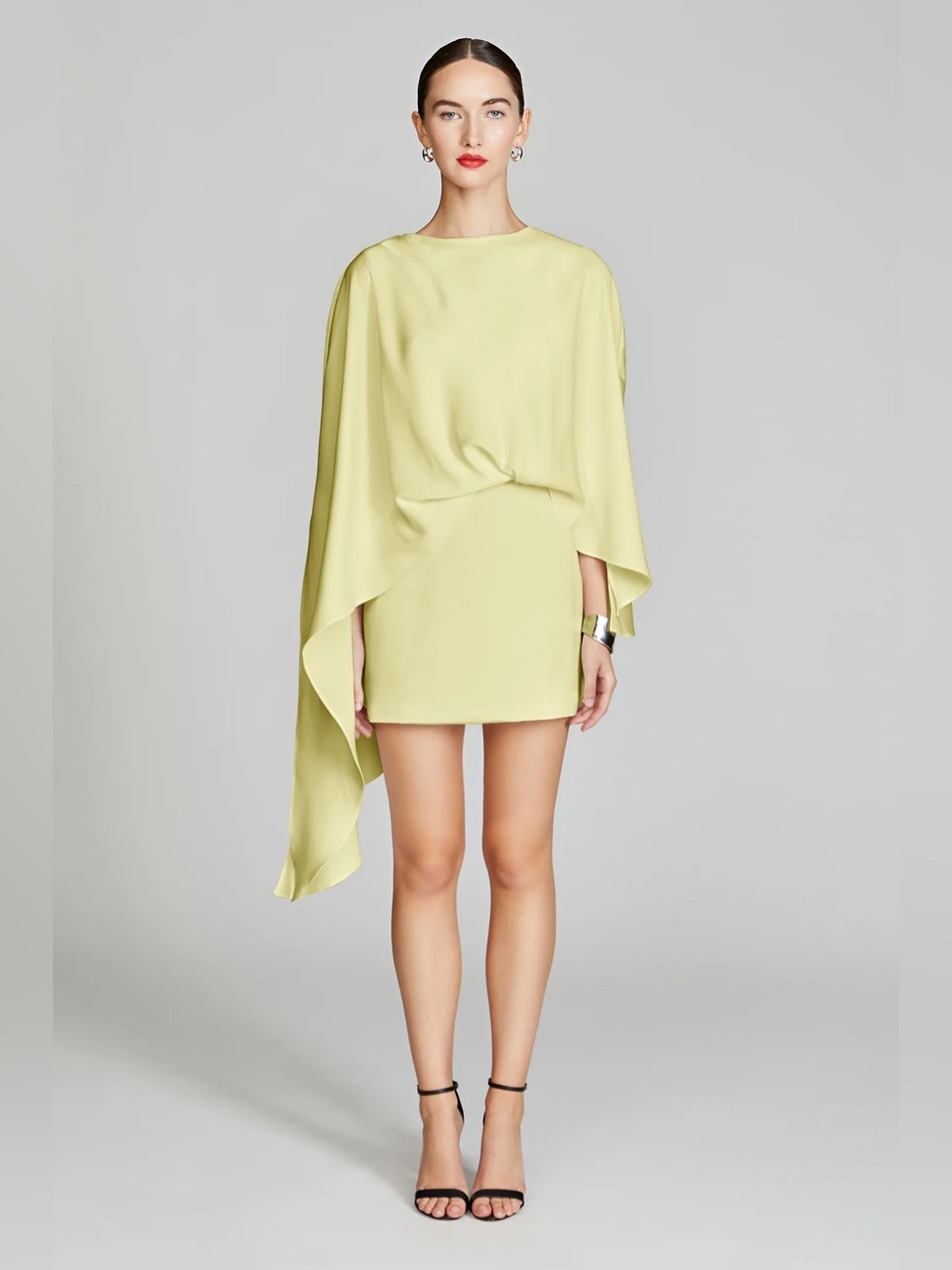 0 halston laure draped crepe cape dress lime yellow sheath high neck